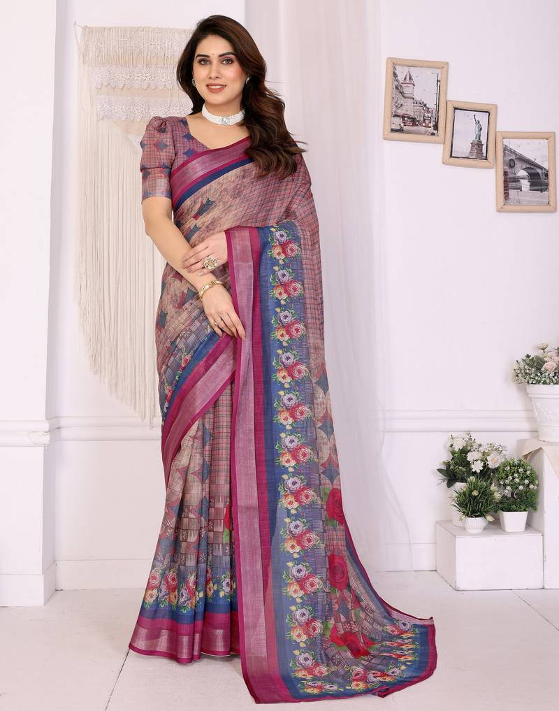 Handloom linen cotton zari border digital printed saree  with attached blouse