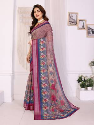 Handloom linen cotton zari border digital printed saree  with attached blouse 2