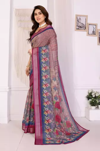 Handloom linen cotton zari border digital printed saree  with attached blouse