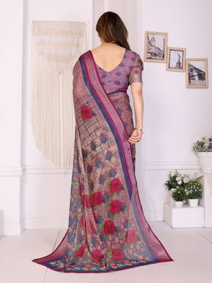 Handloom linen cotton zari border digital printed saree  with attached blouse 3