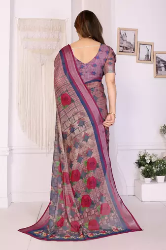 Handloom linen cotton zari border digital printed saree  with attached blouse