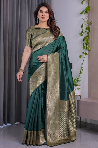Green elegant zari woven banarasi silk sarees with attached blouse