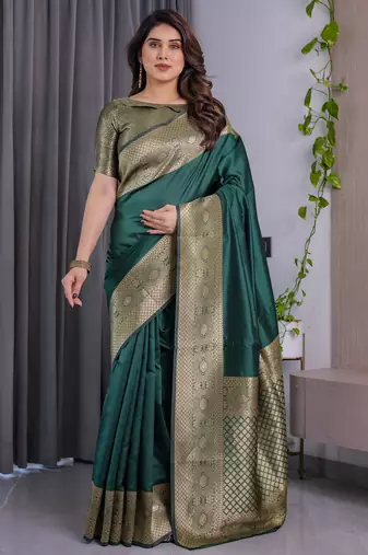 Green elegant zari woven banarasi silk sarees with attached blouse