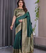 Green elegant zari woven banarasi silk sarees with attached blouse