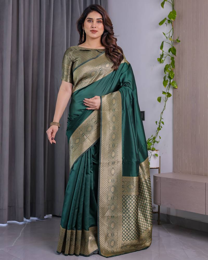 Green elegant zari woven banarasi silk sarees with attached blouse