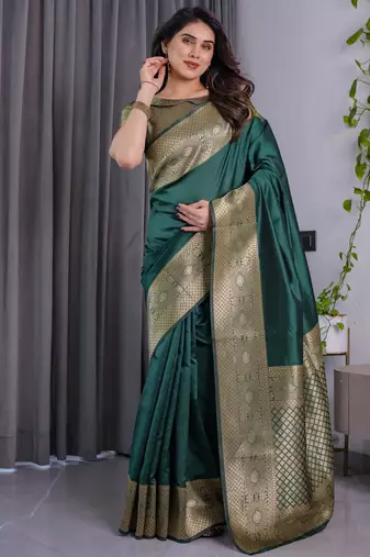 Green elegant zari woven banarasi silk sarees with attached blouse