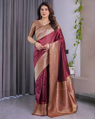 Maroon elegant zari woven banarasi silk sarees with attached blouse 1