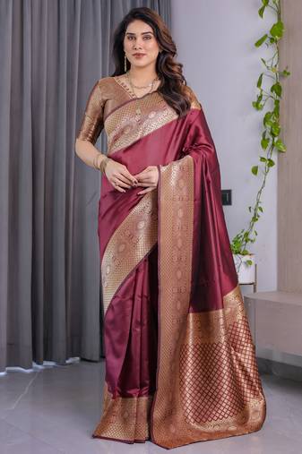 Maroon elegant zari woven banarasi silk sarees with attached blouse