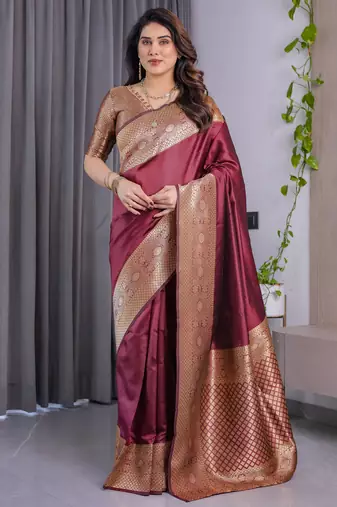 Maroon elegant zari woven banarasi silk sarees with attached blouse