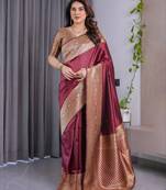 Maroon elegant zari woven banarasi silk sarees with attached blouse