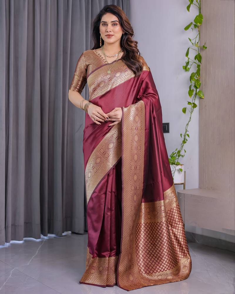 Maroon elegant zari woven banarasi silk sarees with attached blouse
