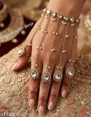 White Stone & Agate Stone Haath Phool (Hath Panja), Antique Gold-Plated 1