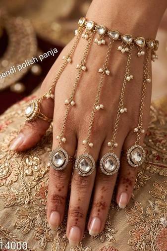 White Stone & Agate Stone Haath Phool (Hath Panja), Antique Gold-Plated