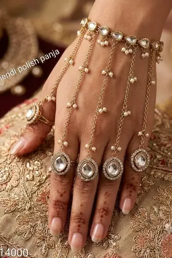 White Stone & Agate Stone Haath Phool (Hath Panja), Antique Gold-Plated