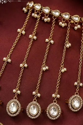 White Stone & Agate Stone Haath Phool (Hath Panja), Antique Gold-Plated