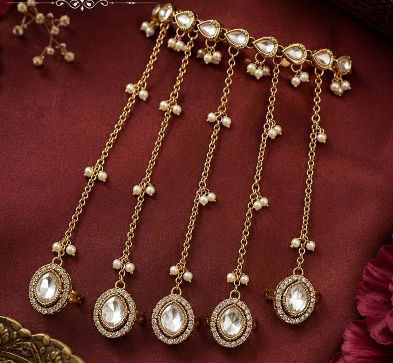 White Stone & Agate Stone Haath Phool (Hath Panja), Antique Gold-Plated