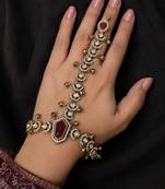 Maroon Stone & Agate Stone Haath Phool (Hath Panja), Antique Gold-Plated