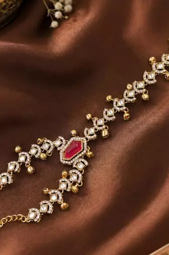 Maroon Stone & Agate Stone Haath Phool (Hath Panja), Antique Gold-Plated