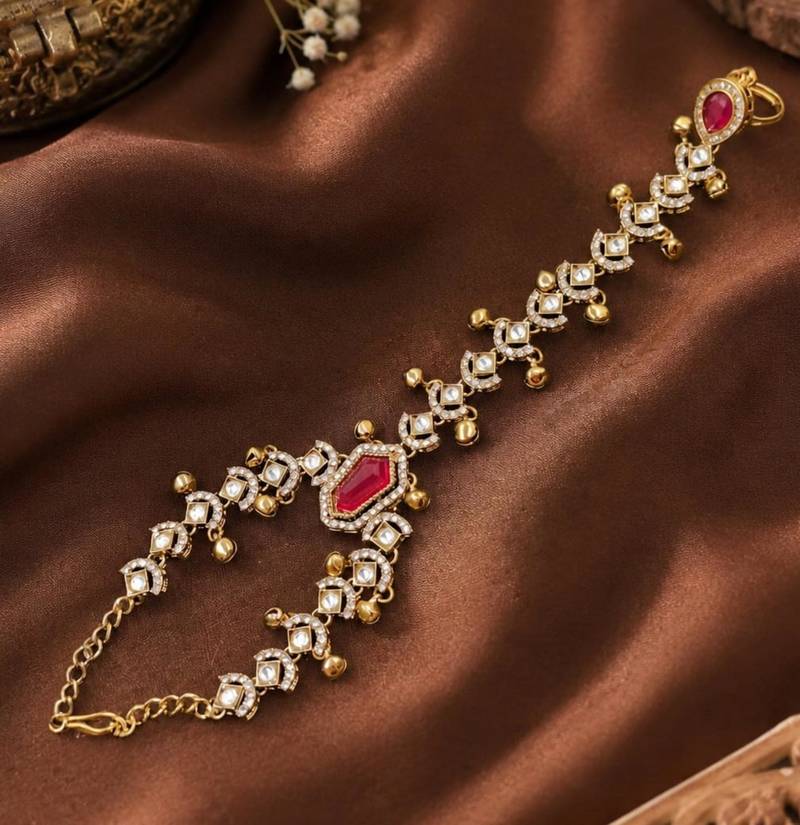 Maroon Stone & Agate Stone Haath Phool (Hath Panja), Antique Gold-Plated