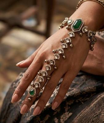 Green Stone & Agate Stone Haath Phool (Hath Panja)     Antique Gold-Plated Hand Jewelry 1