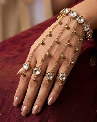 White Stone & Agate Stone Haath Phool (Hand Panja)     Antique Gold-Plated 1