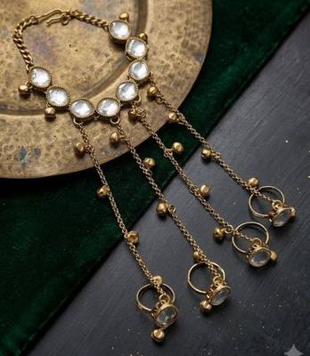 White Stone & Agate Stone Haath Phool (Hand Panja)     Antique Gold-Plated 2