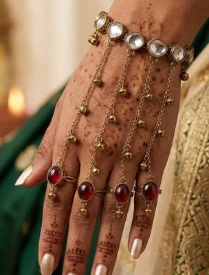 Maroon stone & agate stone haath phool (hath panja), antique gold plated 1