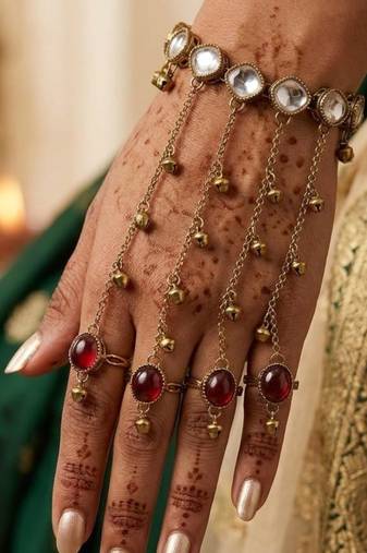 Maroon stone & agate stone haath phool (hath panja), antique gold plated