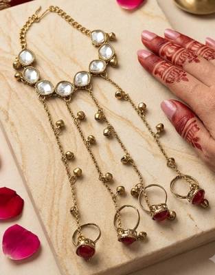 Maroon stone & agate stone haath phool (hath panja), antique gold plated 2