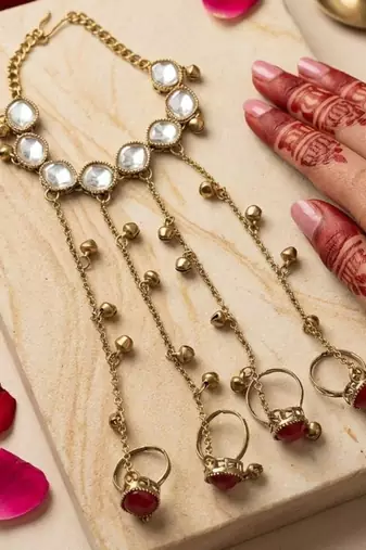 Maroon stone & agate stone haath phool (hath panja), antique gold plated