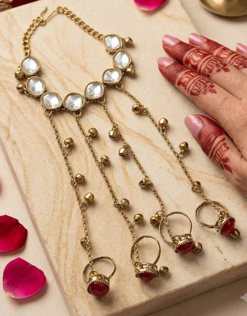 Maroon stone & agate stone haath phool (hath panja), antique gold plated