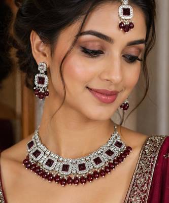 Maroon Color Necklace Set with Earrings & Maang Tikka | Agate Stone | Gold-Plated 1