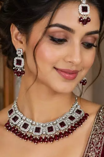 Maroon Color Necklace Set with Earrings & Maang Tikka | Agate Stone | Gold-Plated
