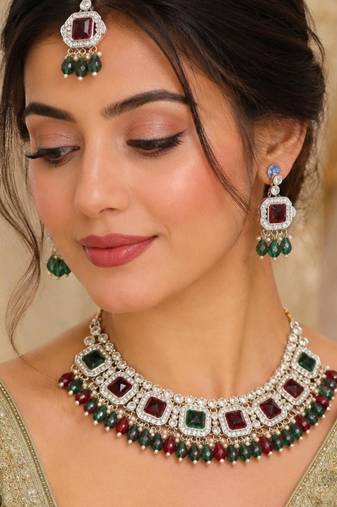Maroon & Green Color Agate Stone Necklace Set with Matching Earrings & Maang Tikka | Gold-Plated Jewelry Set
