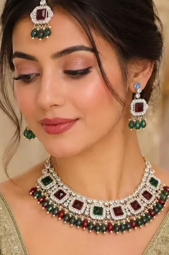 Maroon & Green Color Agate Stone Necklace Set with Matching Earrings & Maang Tikka | Gold-Plated Jewelry Set