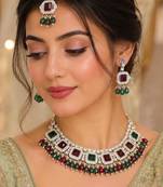 Maroon & Green Color Agate Stone Necklace Set with Matching Earrings & Maang Tikka | Gold-Plated Jewelry Set
