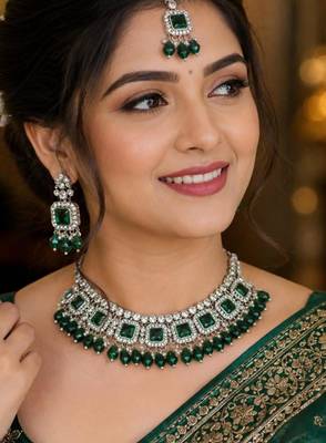 Green Color Necklace Set with Earrings & Maang Tikka | Agate Stone | Gold Plated 1