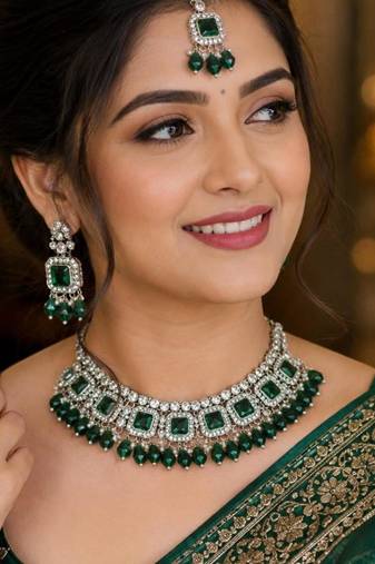 Green Color Necklace Set with Earrings & Maang Tikka | Agate Stone | Gold Plated