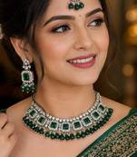 Green Color Necklace Set with Earrings & Maang Tikka | Agate Stone | Gold Plated