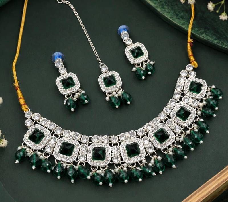 Green Color Necklace Set with Earrings & Maang Tikka | Agate Stone | Gold Plated