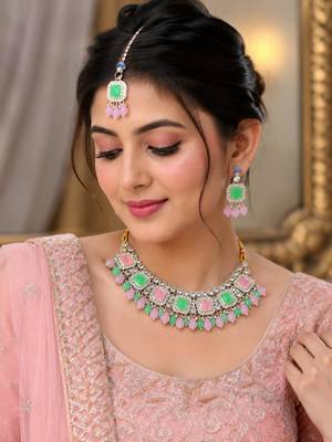 Pink & Pista Color Necklace Set with Earrings and Maang Tikka | Agate Stone | Gold-Plated 1