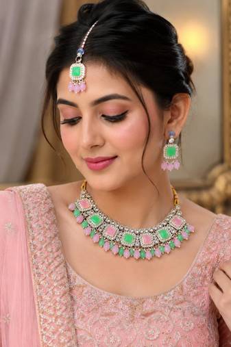 Pink & Pista Color Necklace Set with Earrings and Maang Tikka | Agate Stone | Gold-Plated