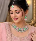 Pink & Pista Color Necklace Set with Earrings and Maang Tikka | Agate Stone | Gold-Plated