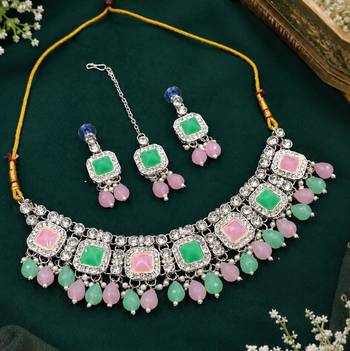 Pink & Pista Color Necklace Set with Earrings and Maang Tikka | Agate Stone | Gold-Plated 2