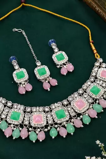 Pink & Pista Color Necklace Set with Earrings and Maang Tikka | Agate Stone | Gold-Plated