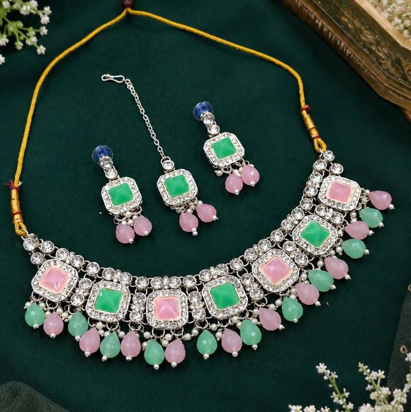 Pink & Pista Color Necklace Set with Earrings and Maang Tikka | Agate Stone | Gold-Plated