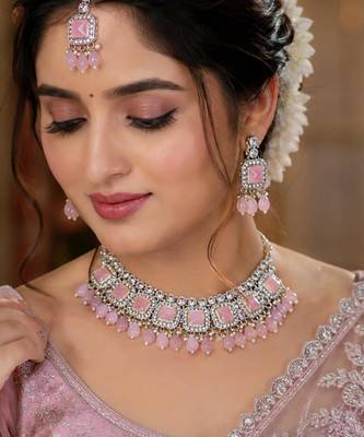 Baby Pink Color Necklace Set with Earrings & Maang Tikka | Agate Stone | Gold Plated 1