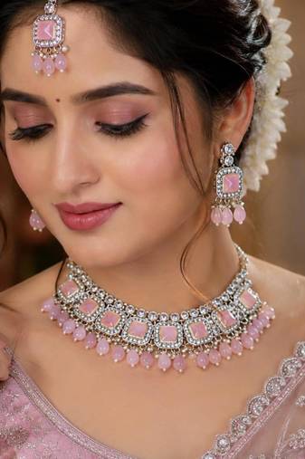 Baby Pink Color Necklace Set with Earrings & Maang Tikka | Agate Stone | Gold Plated