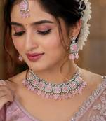 Baby Pink Color Necklace Set with Earrings & Maang Tikka | Agate Stone | Gold Plated