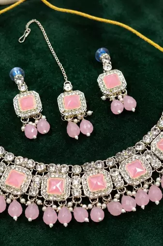 Baby Pink Color Necklace Set with Earrings & Maang Tikka | Agate Stone | Gold Plated